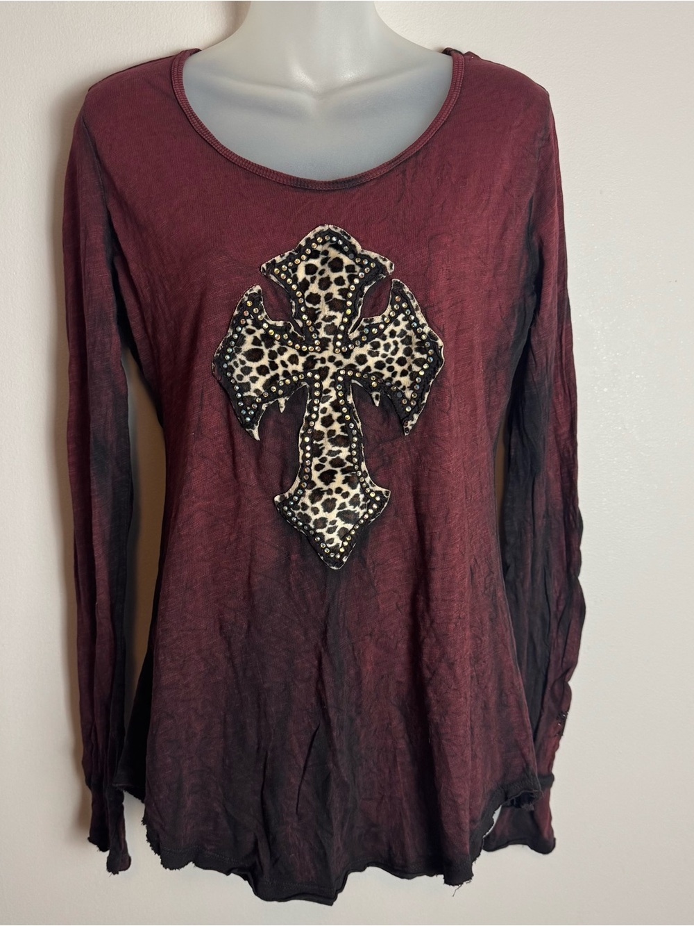 Y2K Burgundy Velvet Leopard Cross Distressed Tunic Top Size Medium